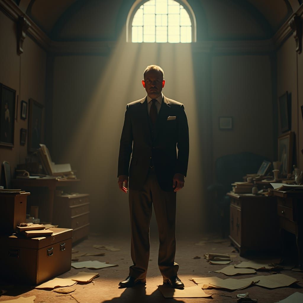 Pompous Visionary in Cinematic Film Still