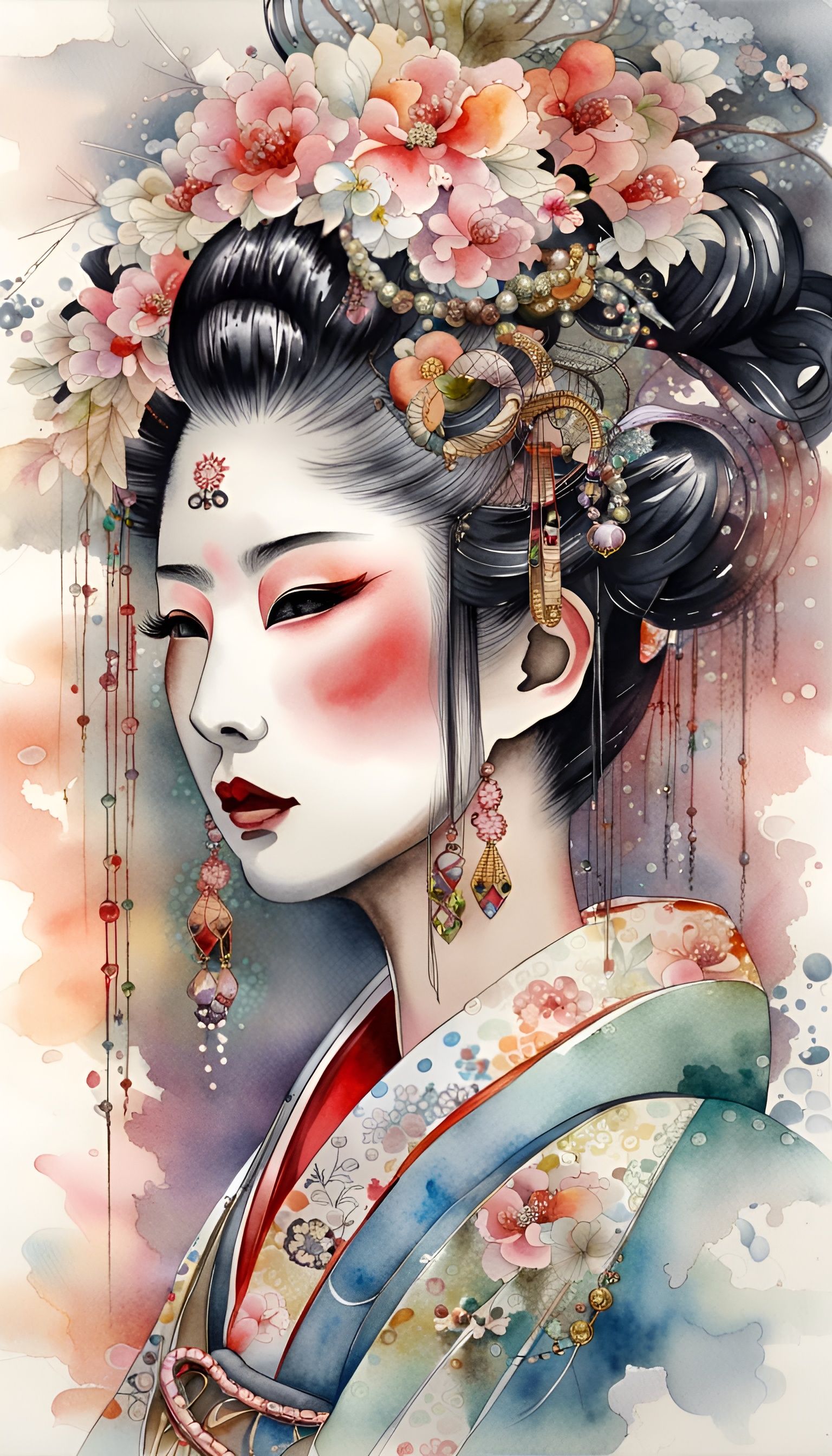 Elegant Geisha in Watercolor Splash Style