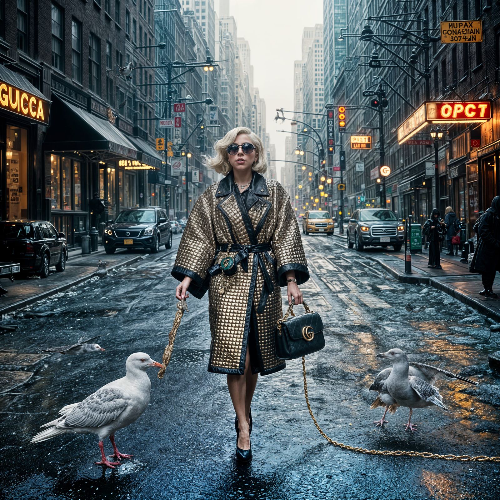Lady Gaga's Diamond Leash Seagull Walk
