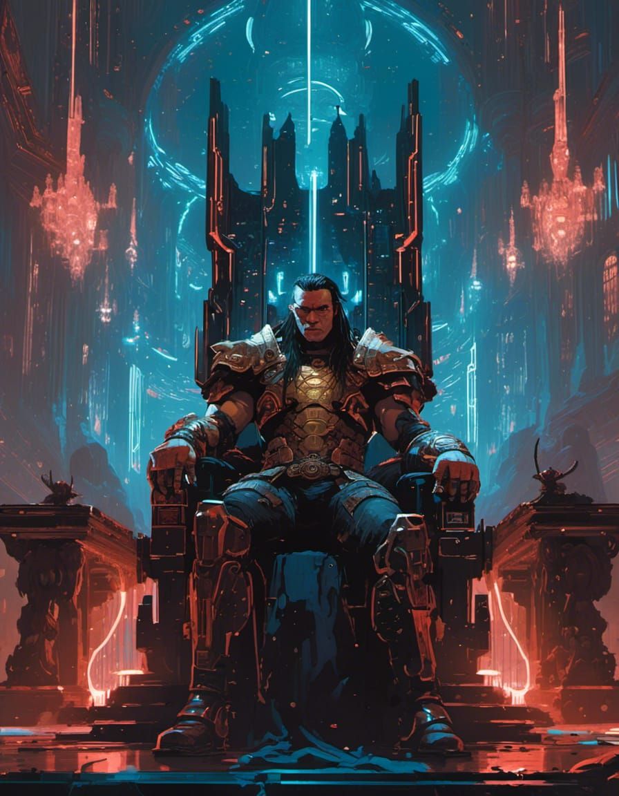 Cyberpunk Conan on a Futuristic Throne