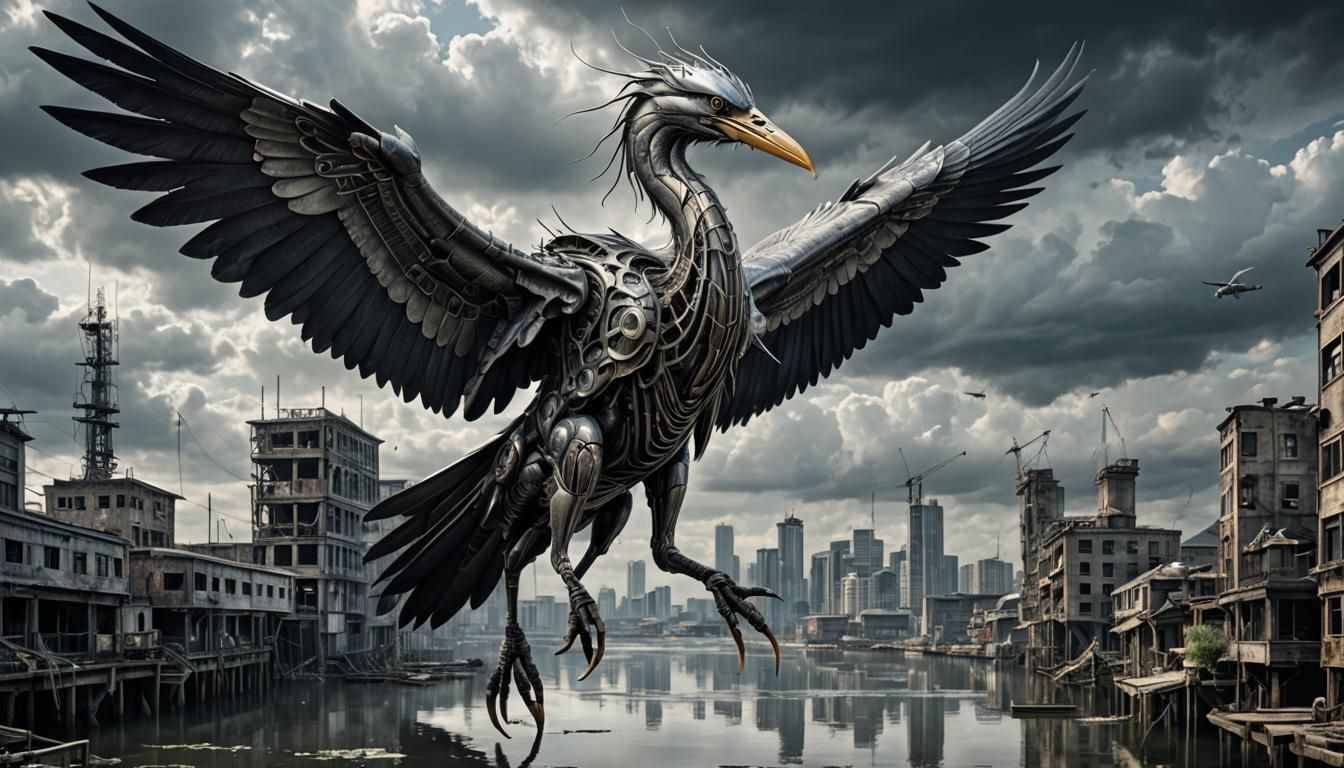 Biomechanical Heron in Post-Apocalyptic Cityscape