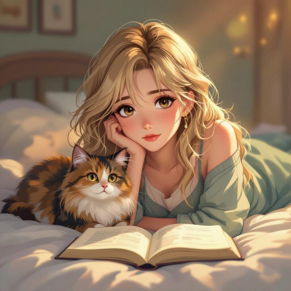 Tired Woman Reads Book in Cozy Anime Bedroom