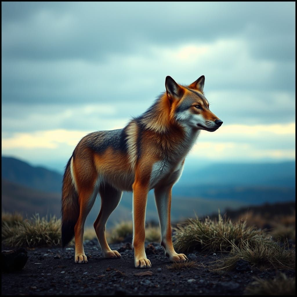 Striped Wolf in Dramatic Landscape: Cinematic Film Still