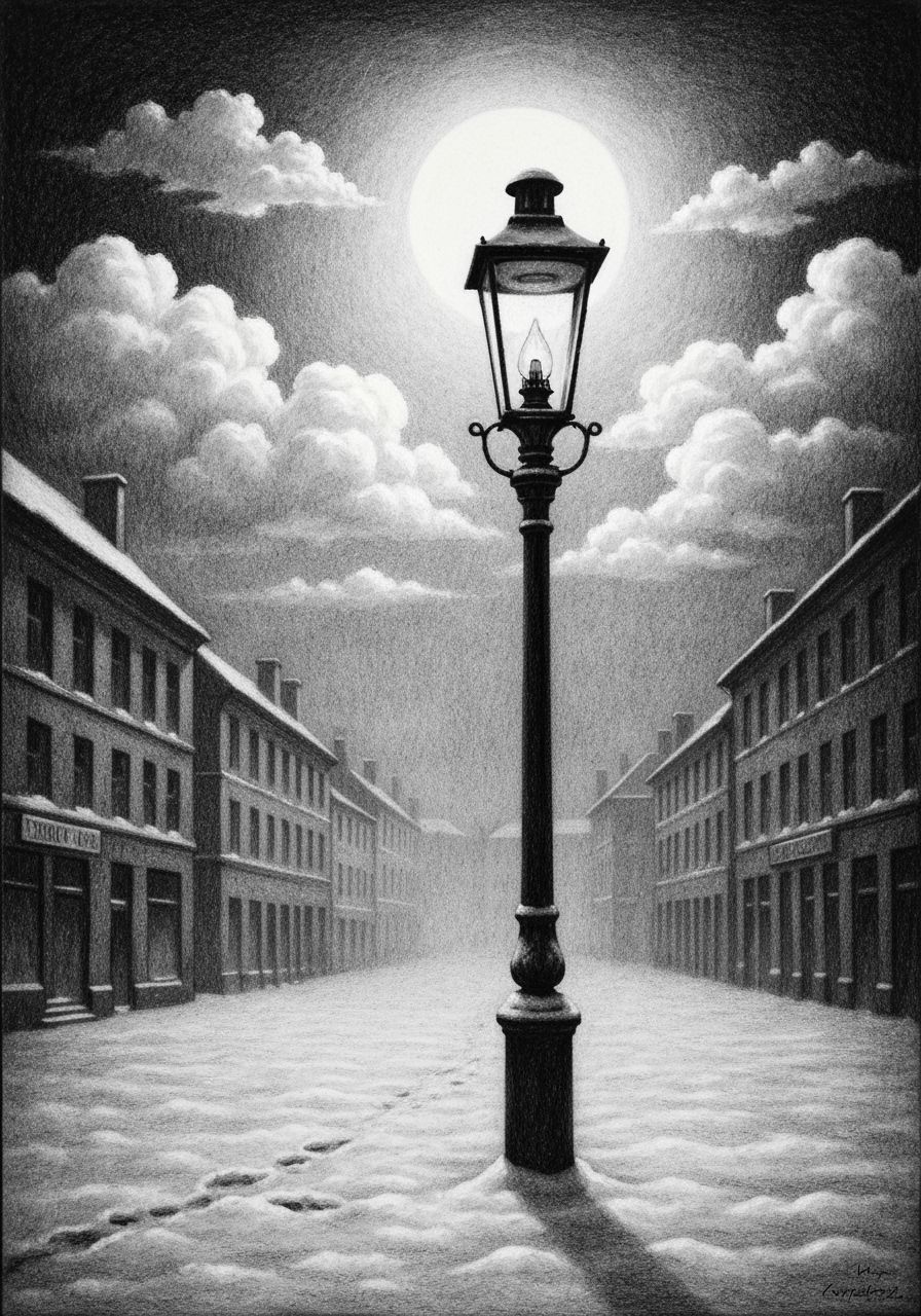 Desolate Foggy Town Square with Old Oil Streetlight