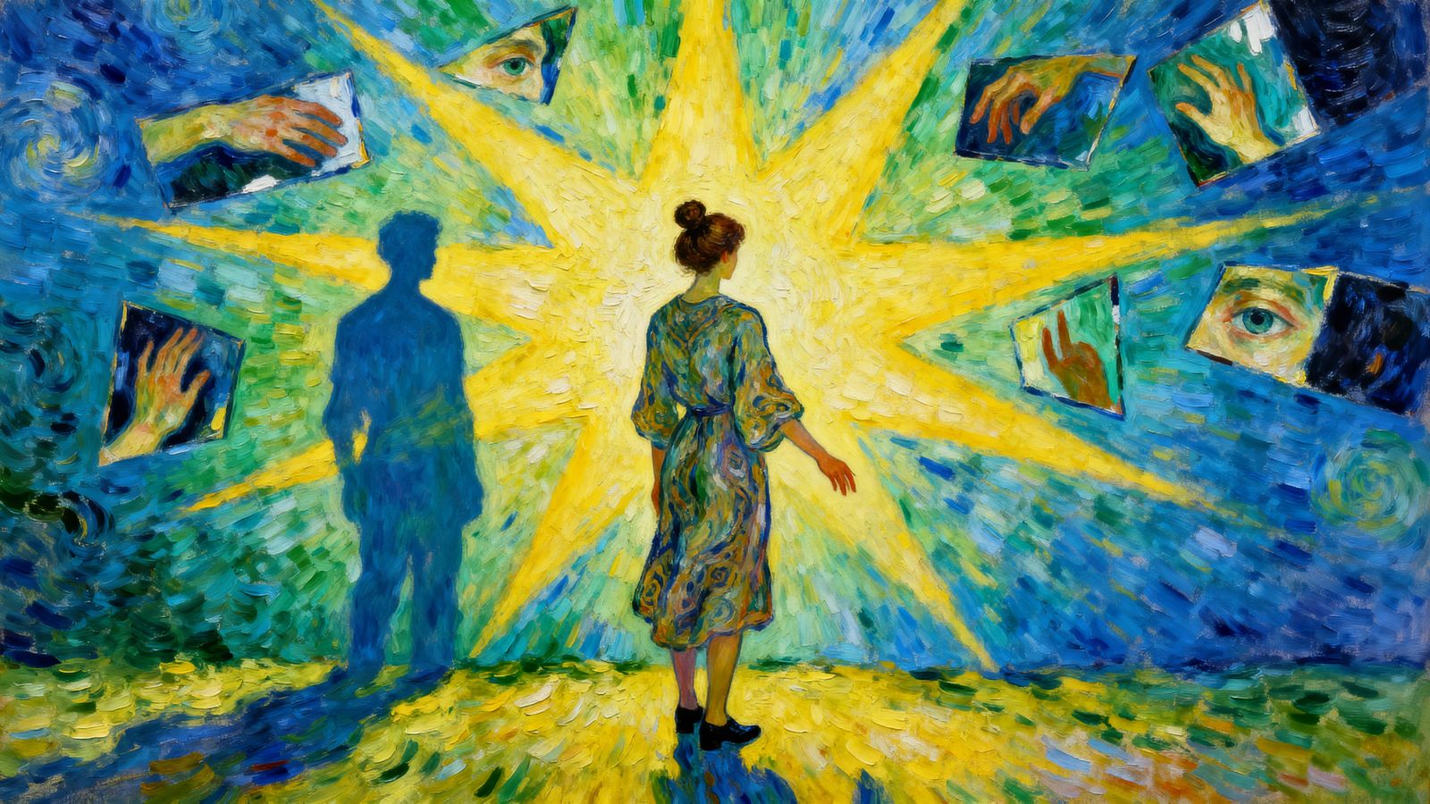 Mysterious Figure in Starburst Light with Eye Reflections