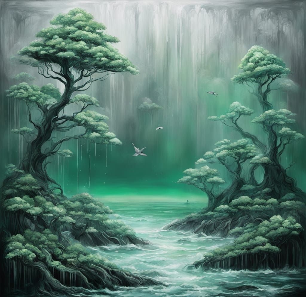 Surreal Cyberpunk Painting of Shark in Abstract Baltic Sea