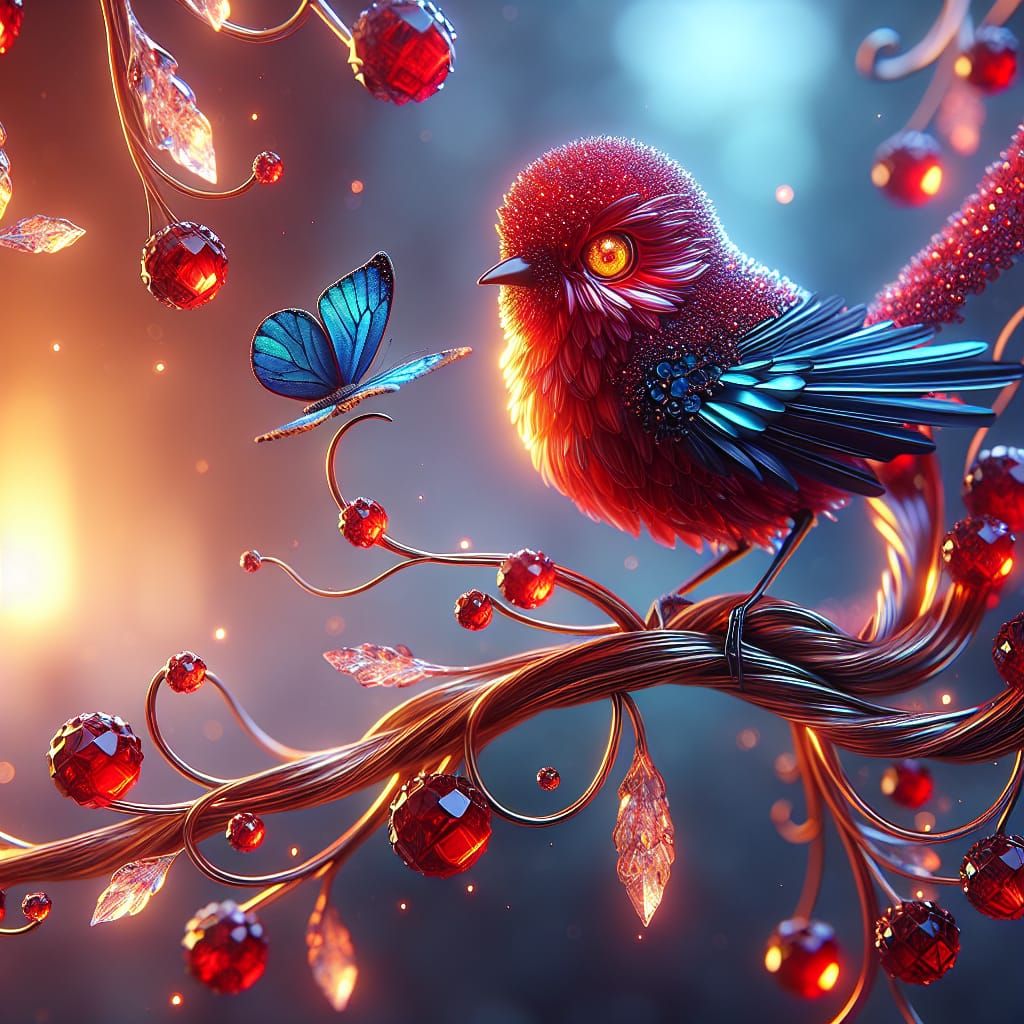 Metallic Red Bird and Butterfly at Sunset