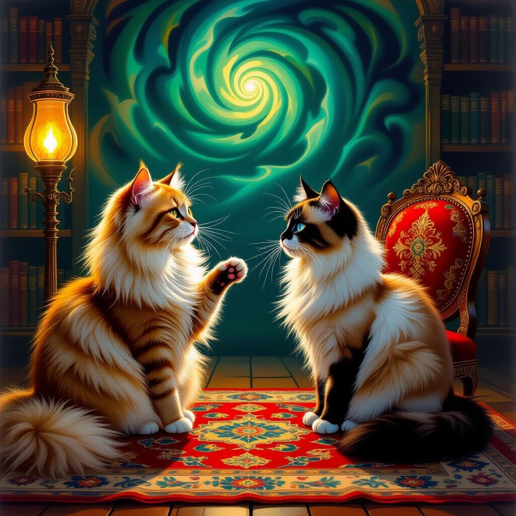 Surrealist Cats Converse in Enchanted Library