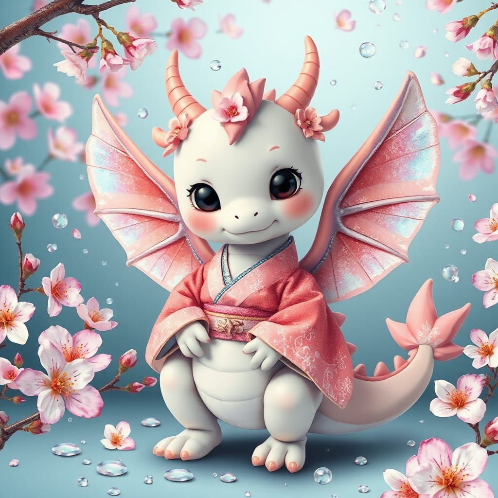 Kawaii Dragon in Kimono with Sakura Blossoms