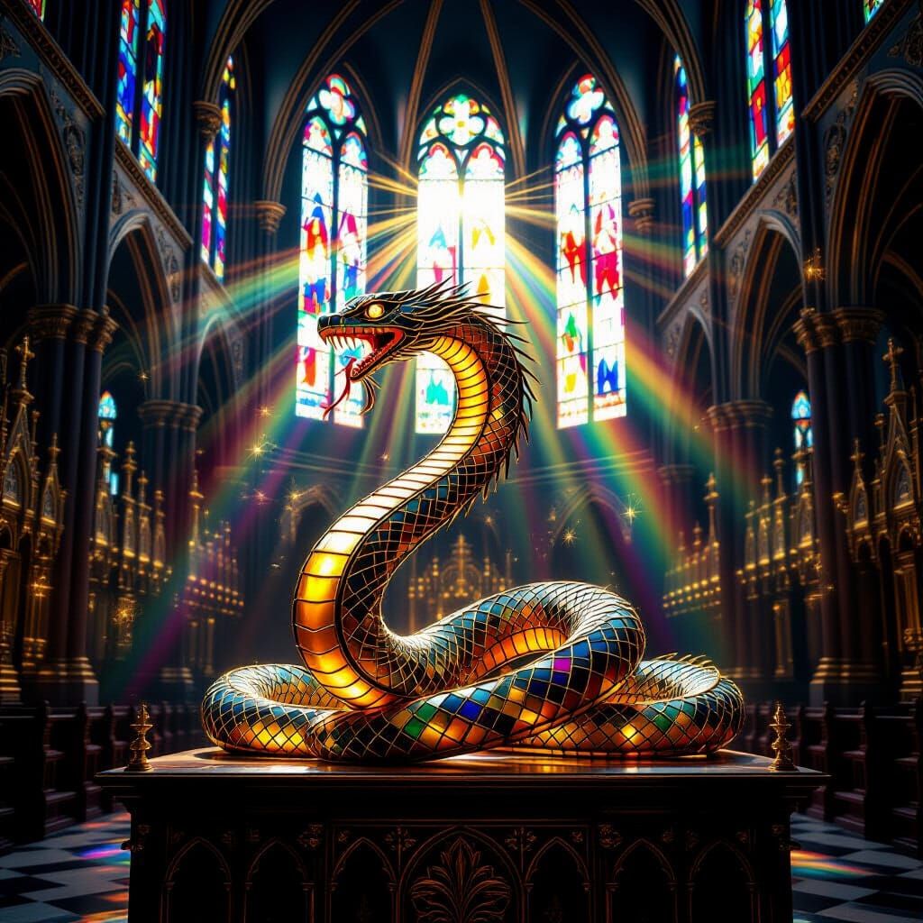 Mechanical Serpent on Cathedral Altar, Steampunk Fantasy