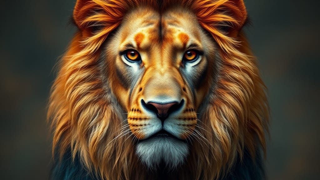 Regal Lion Portrait with Turquoise and Gold Mane