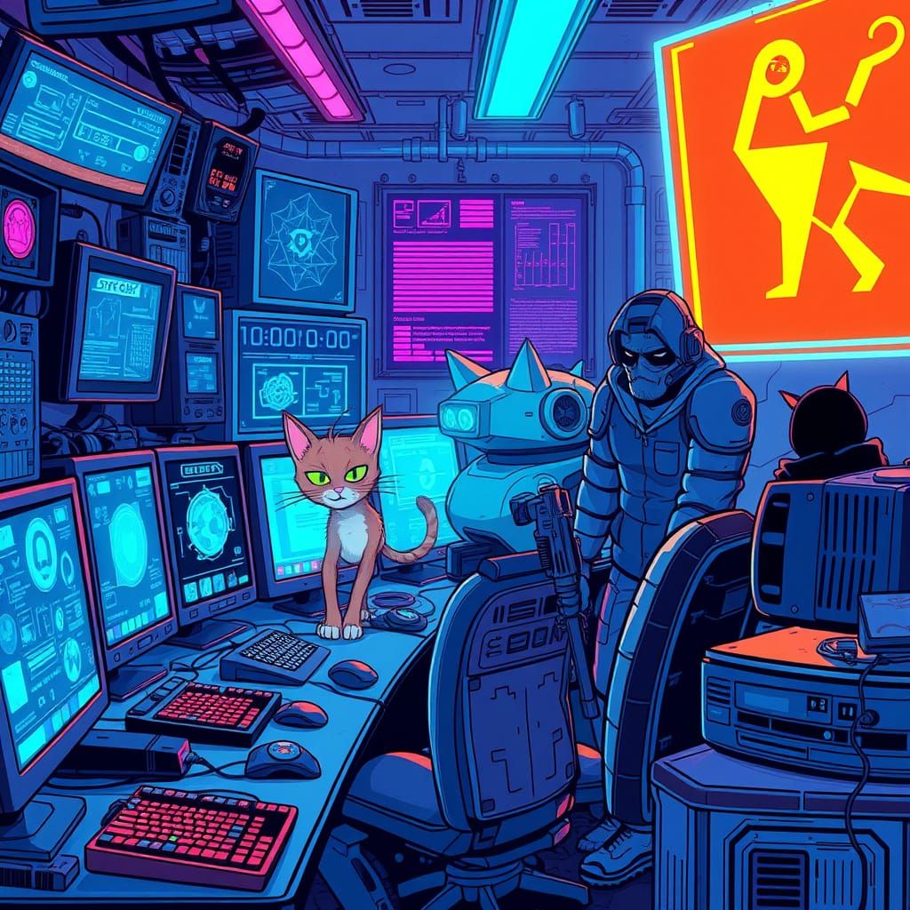 Cyberpunk Team Assembled in High-Tech Control Room