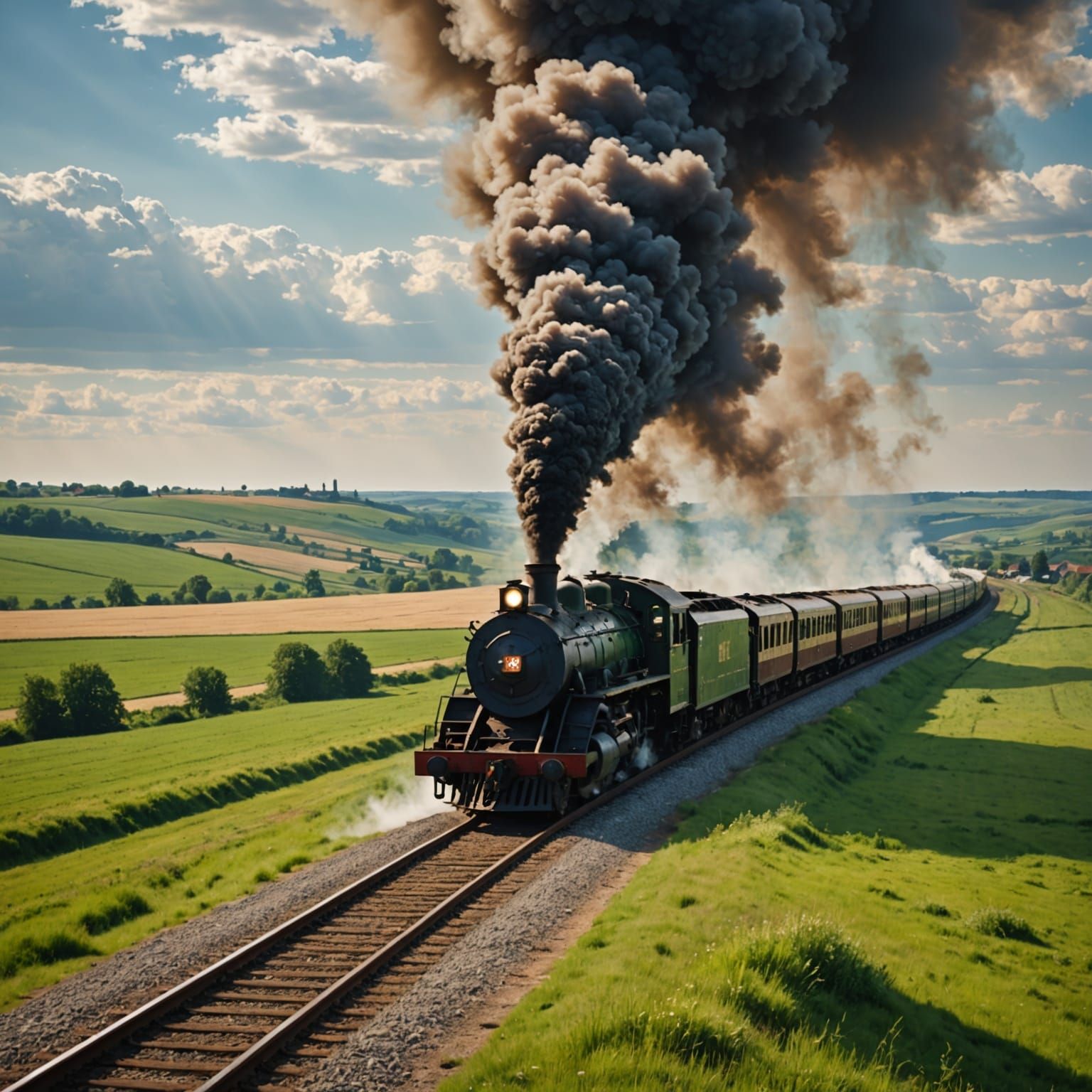 Ancient Oil Painting Style Train Journey Through Rustic Vill...