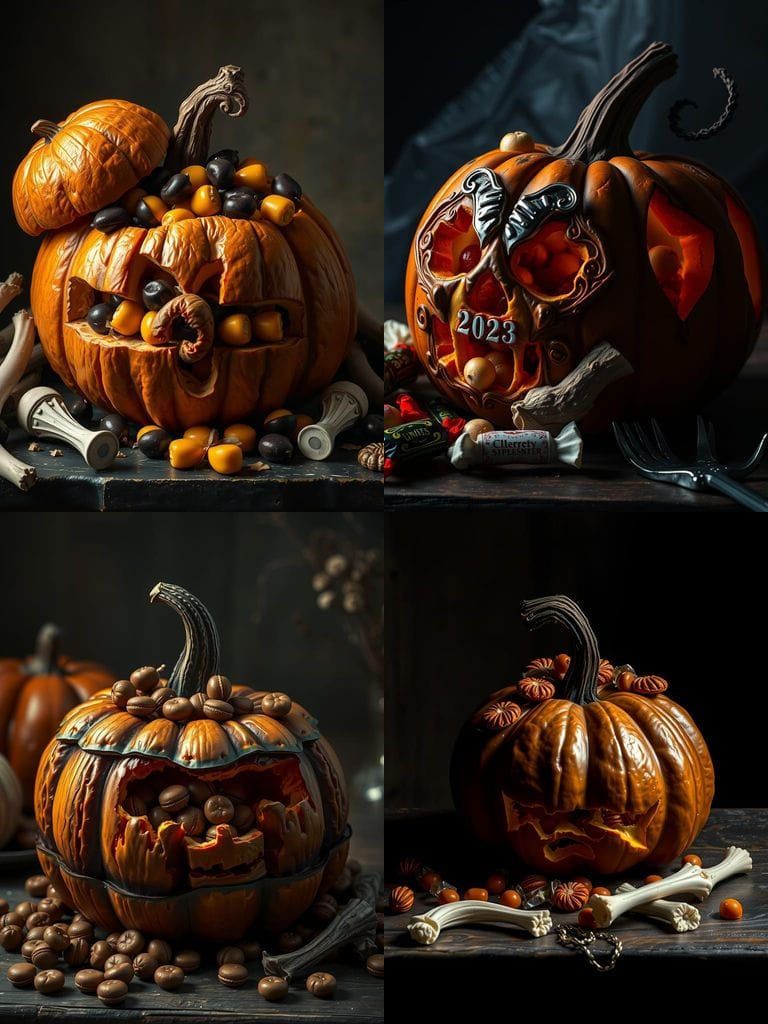 Ornate Pumpkin Overflowing with Candy in Dutch Still Life St...