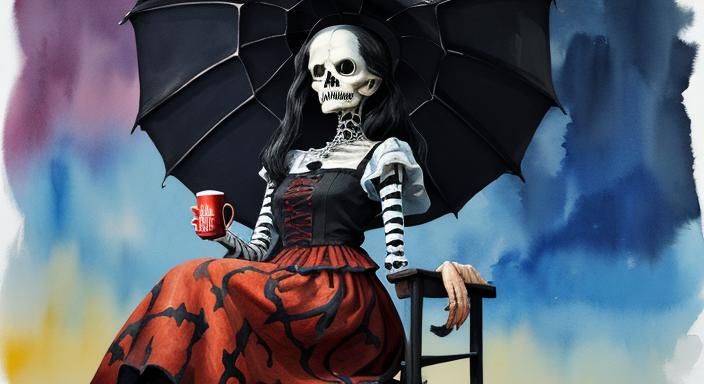 Haunting a Lighthouse  - The lady having tea and shading from the Sun in Detailed Gouache