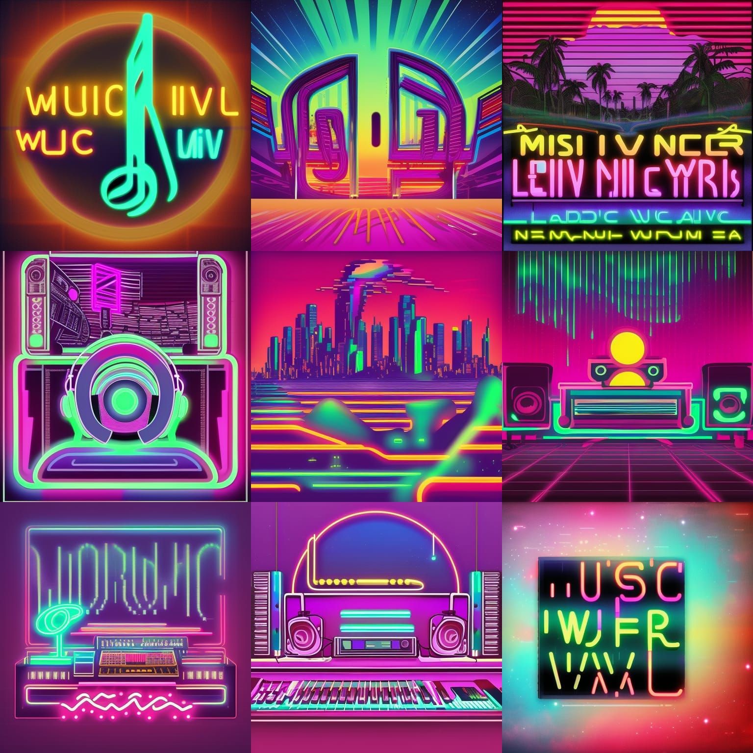 Synthwave Music World in Neon Retro Style