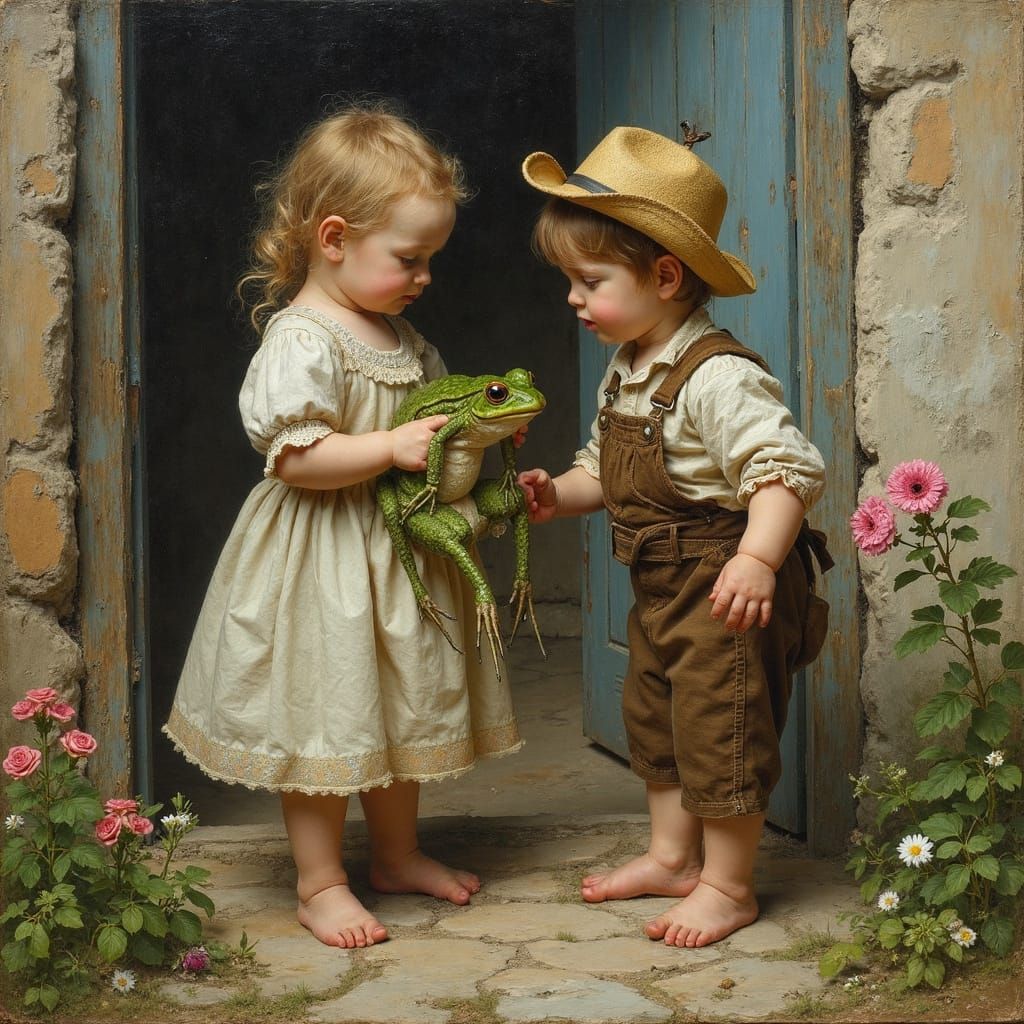 Whimsical 19th Century Garden Scene in Neo-Impressionist Sty...