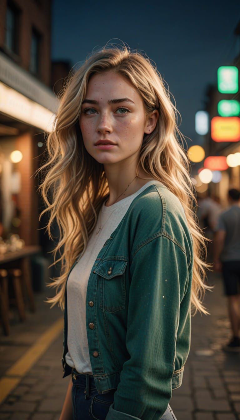 Young Woman with Freckles and Wavy Blonde Hair Posing