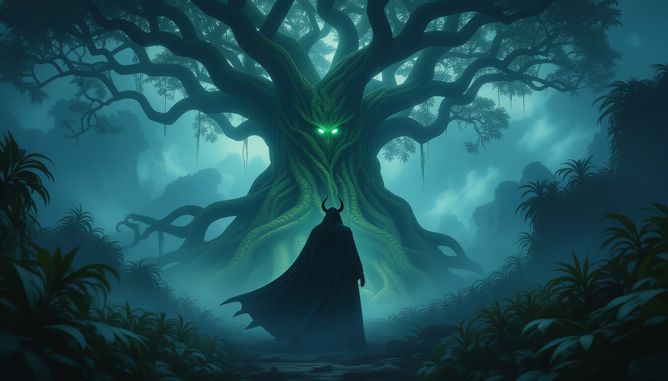 Satan Amidst Bioluminescent Jungle Tree