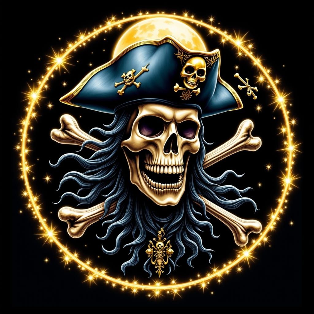 Mystical Pirate Skull with Woman's Torso in Celestial Glow