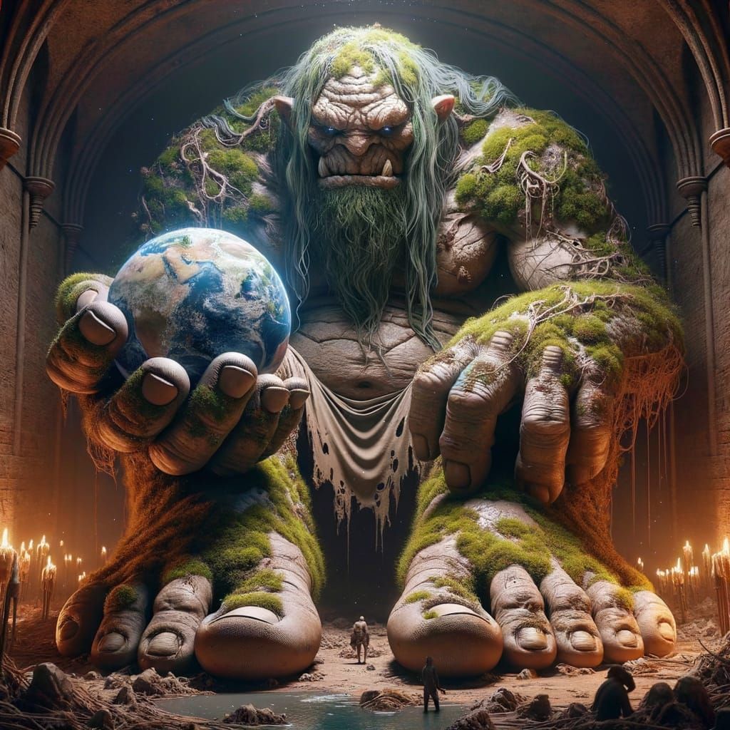 Giant Ogre Holds Rotating Earth in Dim Dungeon