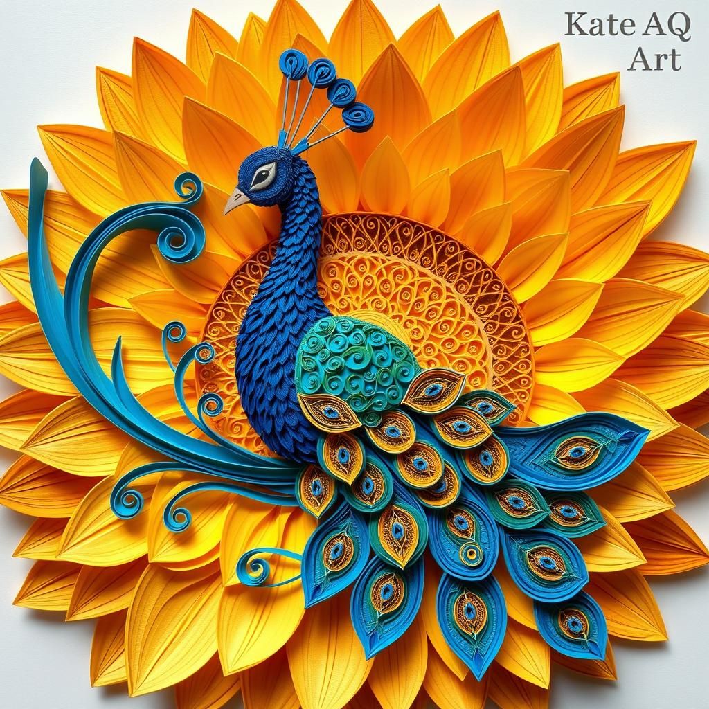 Peacock Quilled Art with Sunflower Petals