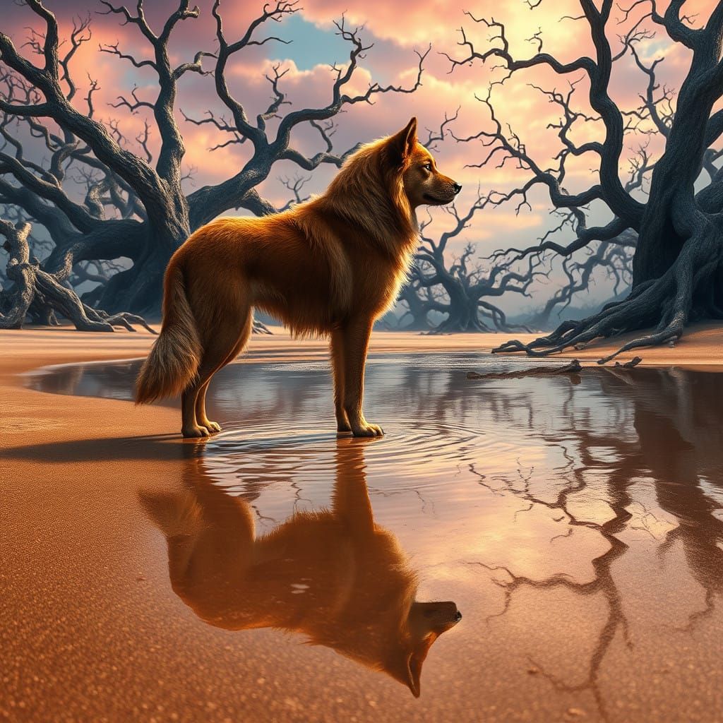 Majestic Dog Contemplates Its Reflection on Ancient Sand Bea...