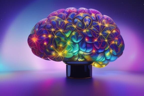 Brain in Jar with Glowing Crystals and Flowers