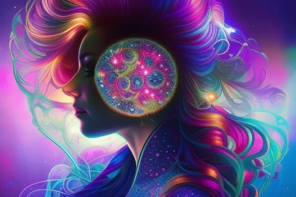 Brain in Glass Jar with Glowing Crystals and Flowers