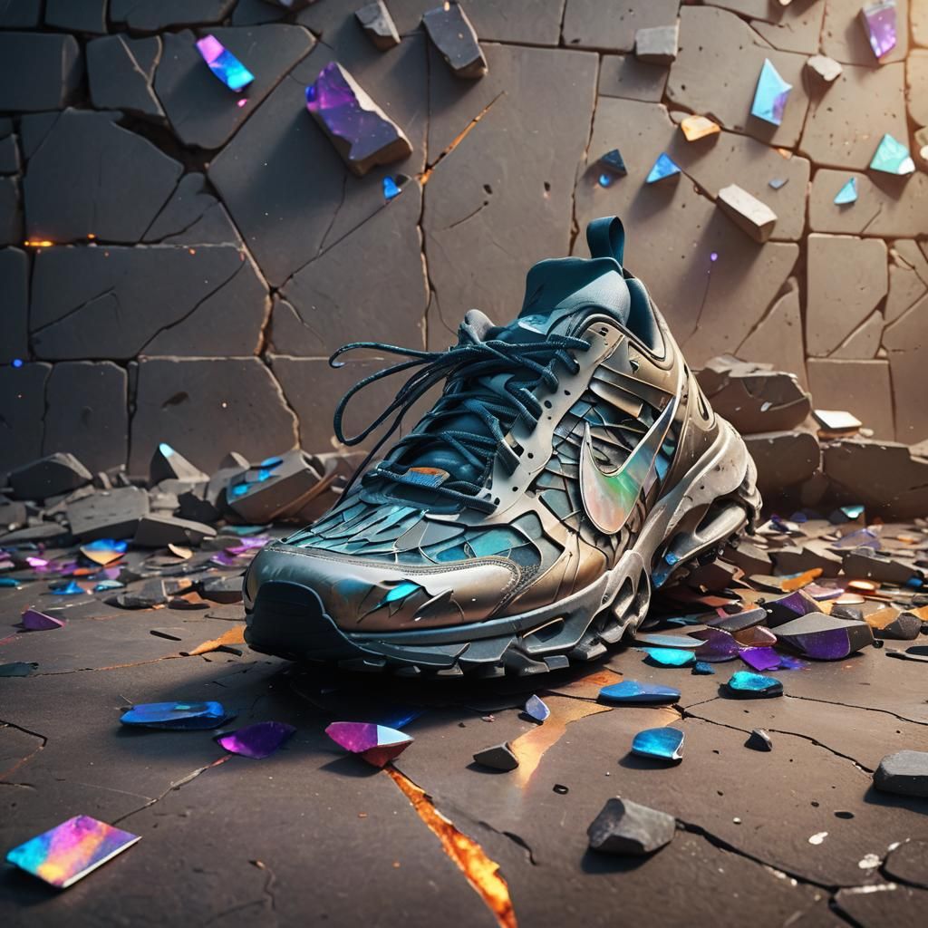 Futuristic Nike Shoe Shattered on Mystical Stone Floor