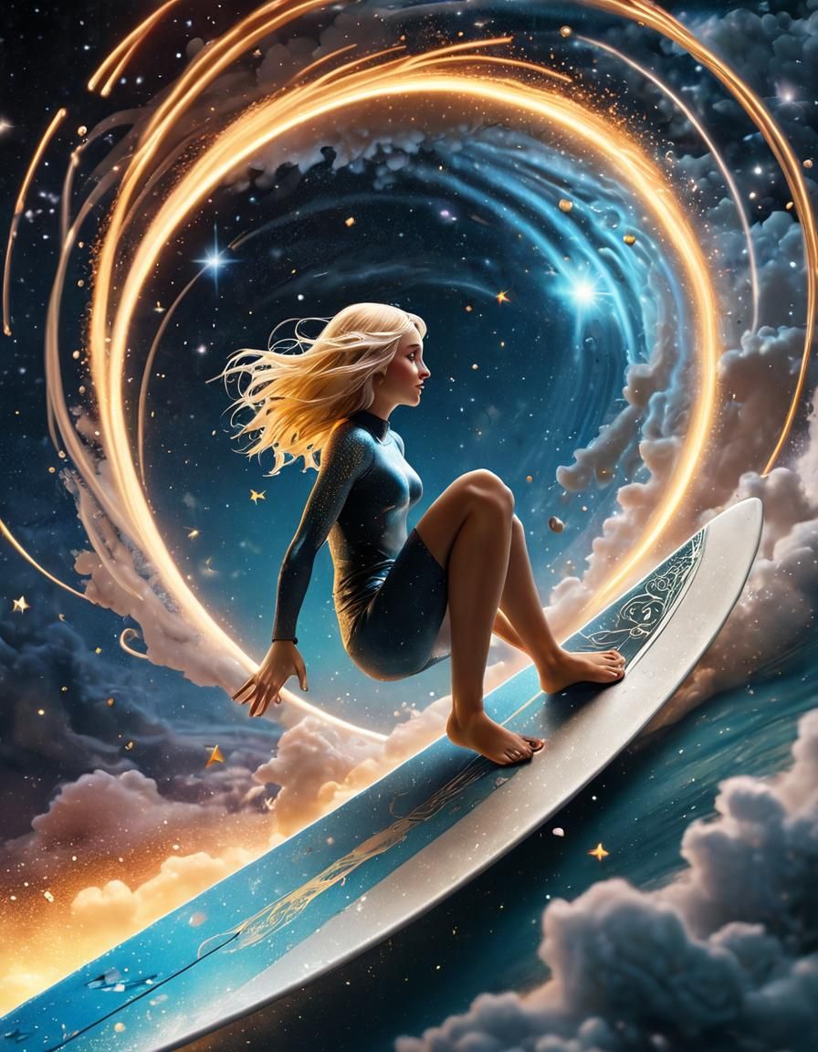 Cosmic Surfer Goddess in Shimmering Silver and Golden Hues