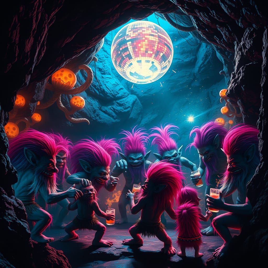 Troll Party in a Neon-Lit Cave