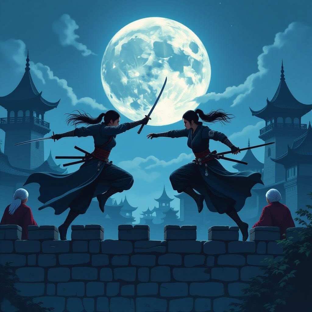 Ninja Warriors Leap Under Full Moon, Digital Art