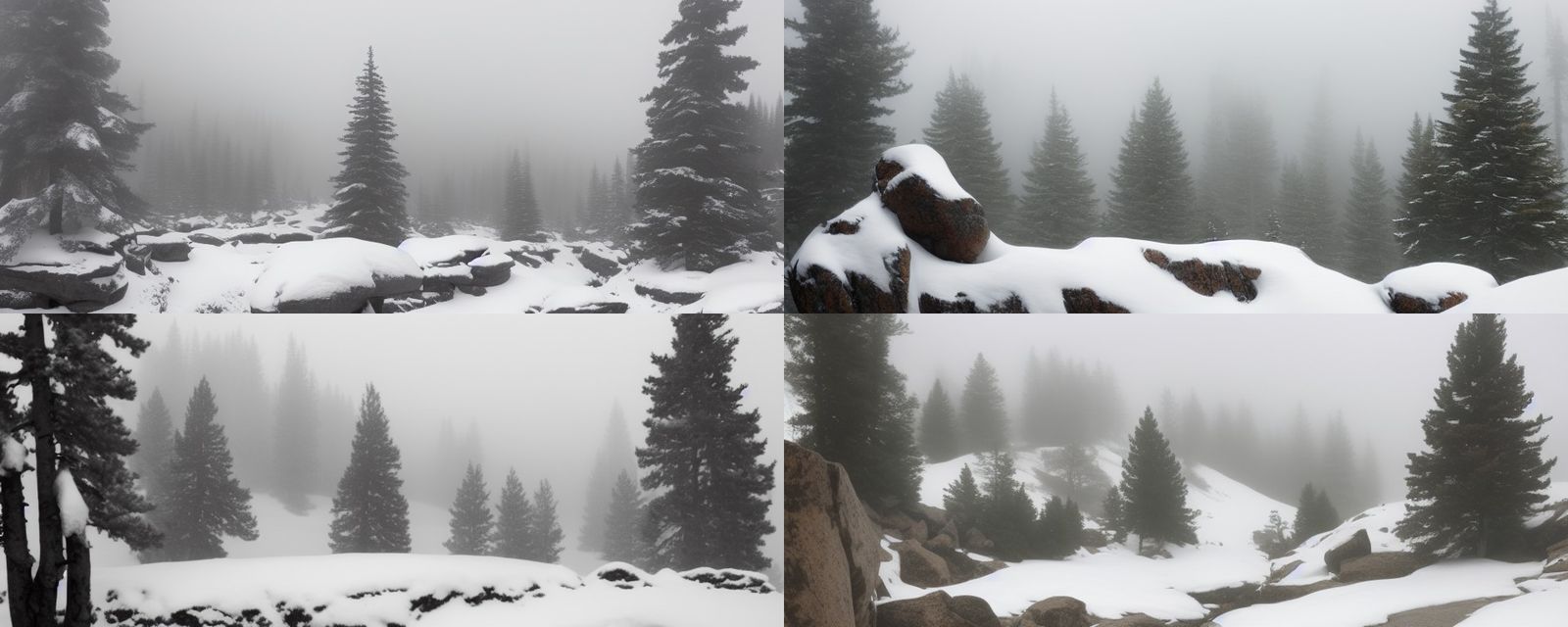 Snowy Rocky Mountains in Dense Fog