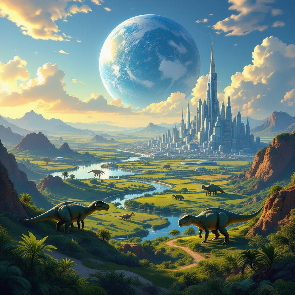 Blue Earth from Space: Dinosaurs & Futuristic City