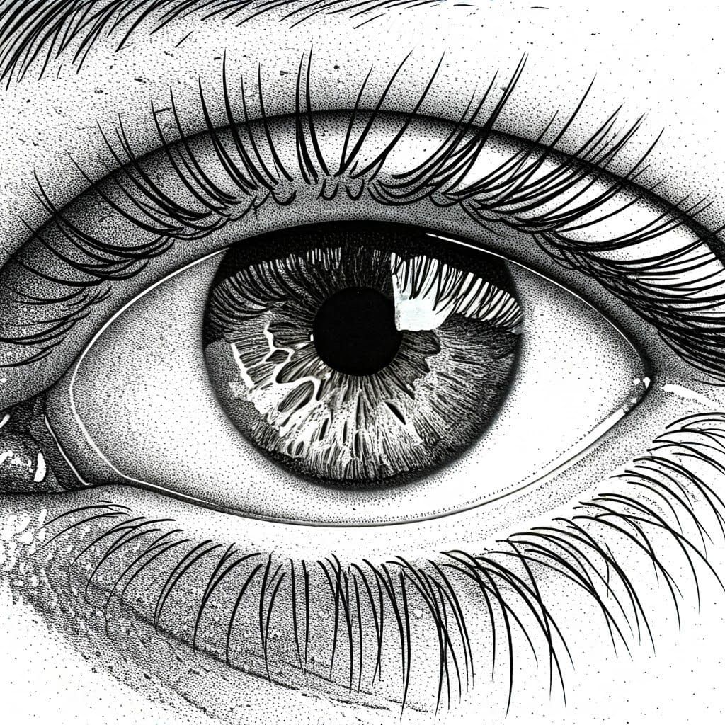 Stippled Close-Up of a Human Eye in Monochrome