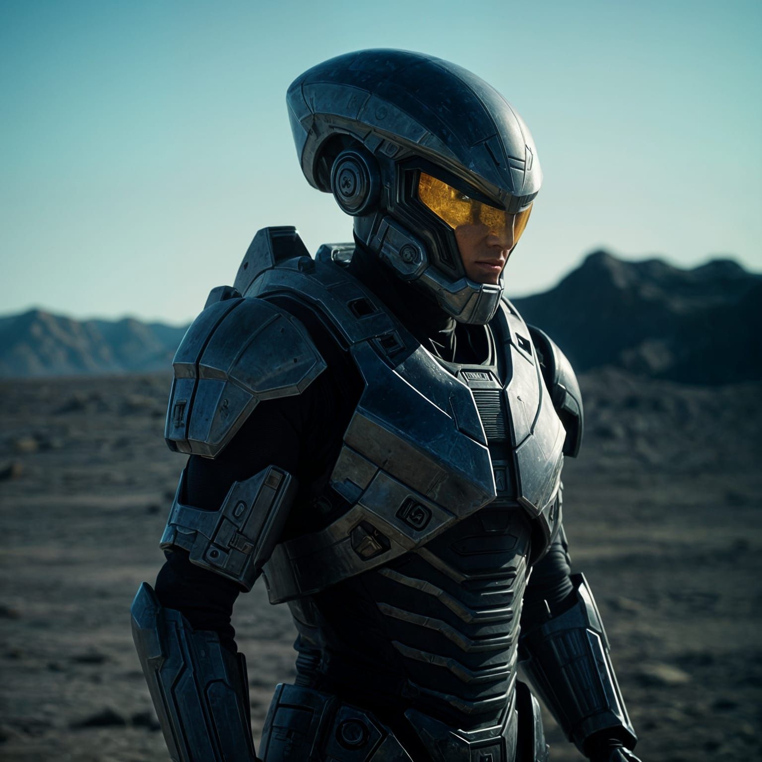 Cyberpunk Soldier in a Bleak, Post-Apocalyptic Landscape