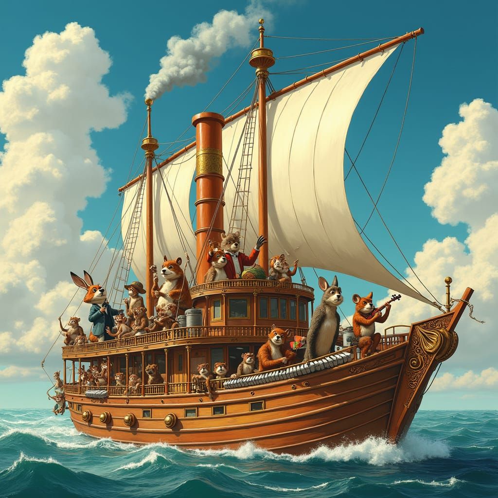 Musical Animals Steamboat in Storybook Style