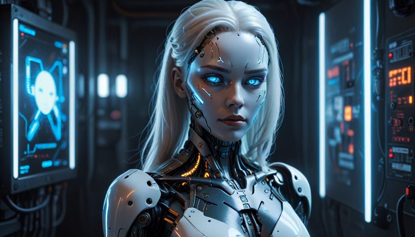 Cyberpunk Android Pin-Up: Hyperrealistic Digital Art