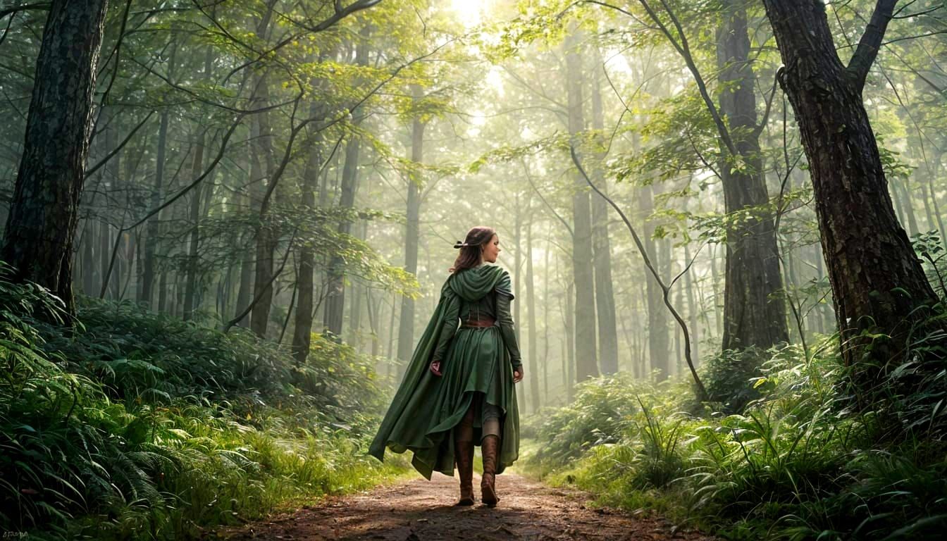 Mystical Young Woman in Misty Woods, Soft Features