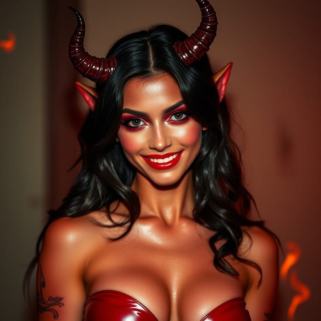 Beautiful Devil Woman in Latex Dress