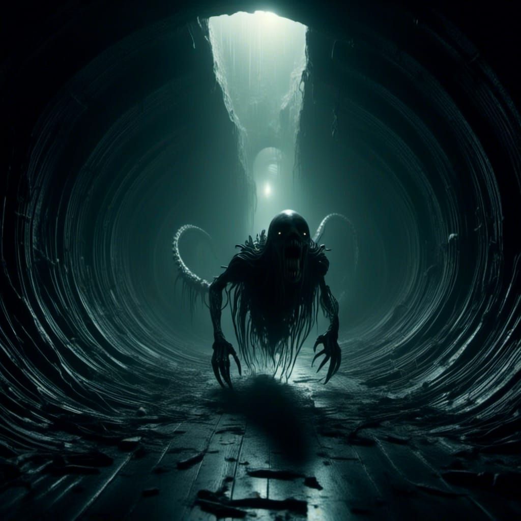 Alien Creature Crawling in Dark Tunnel