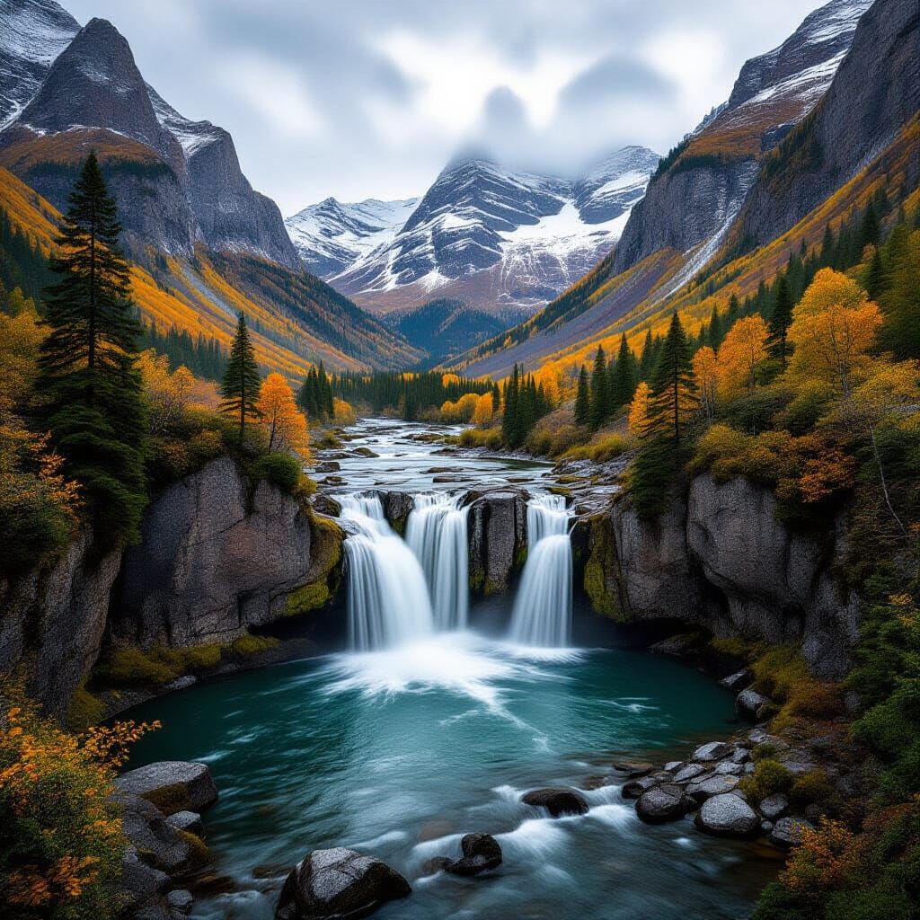 a waterfall in the mountains during autumn 1