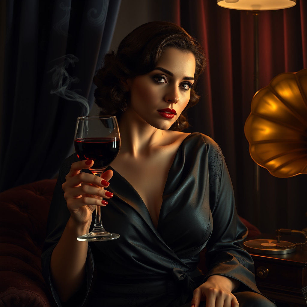 Elegant Woman in Art Deco Boudoir, Moody Lighting