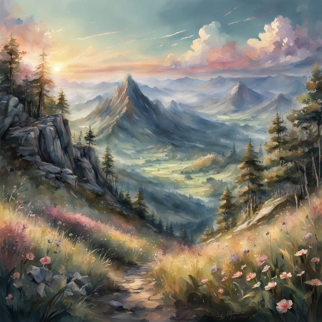 Ethereal Appalachian Landscape in Stylized Watercolor