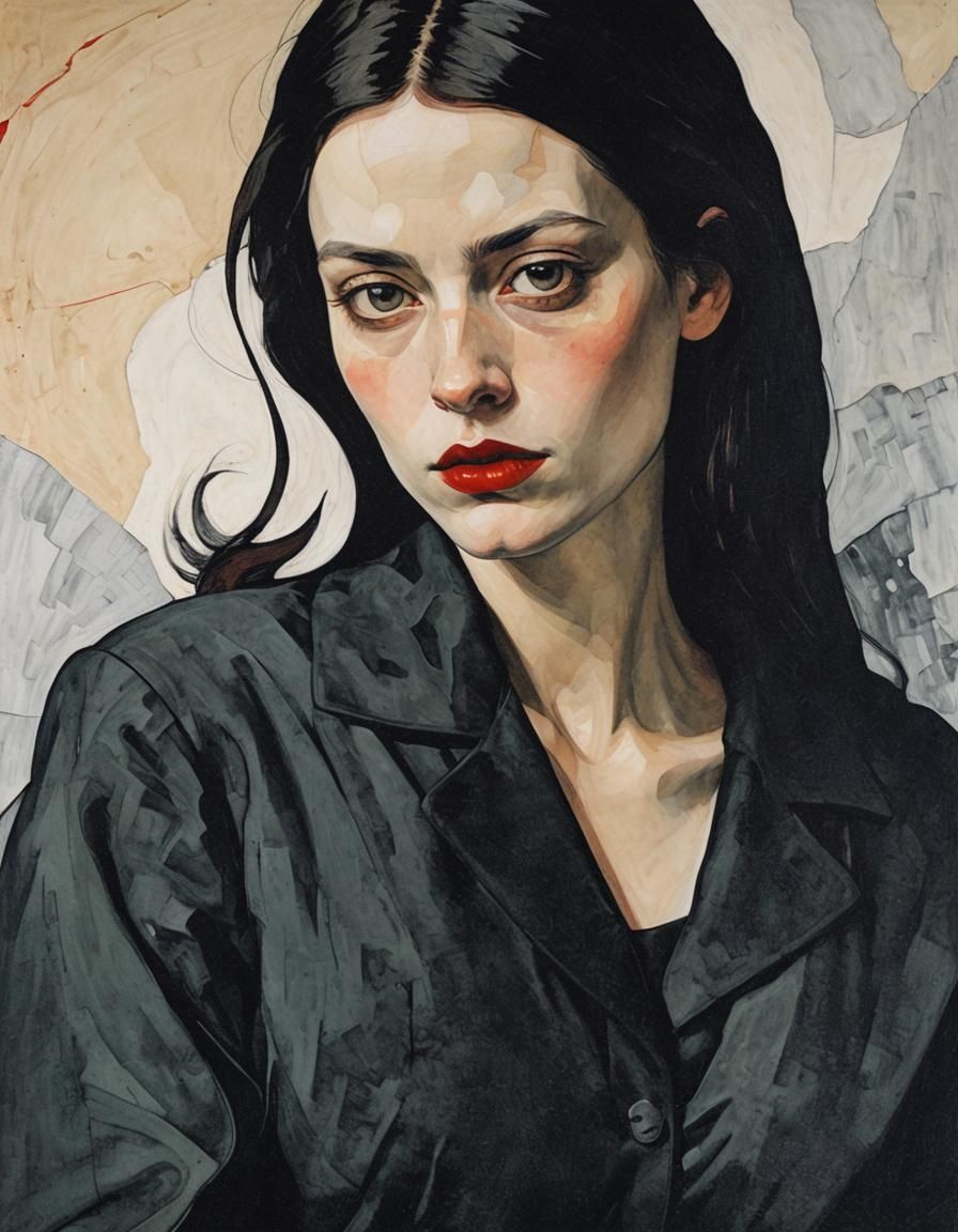 Elegant Goth Girl Portrait in Organic Line Drawing Style