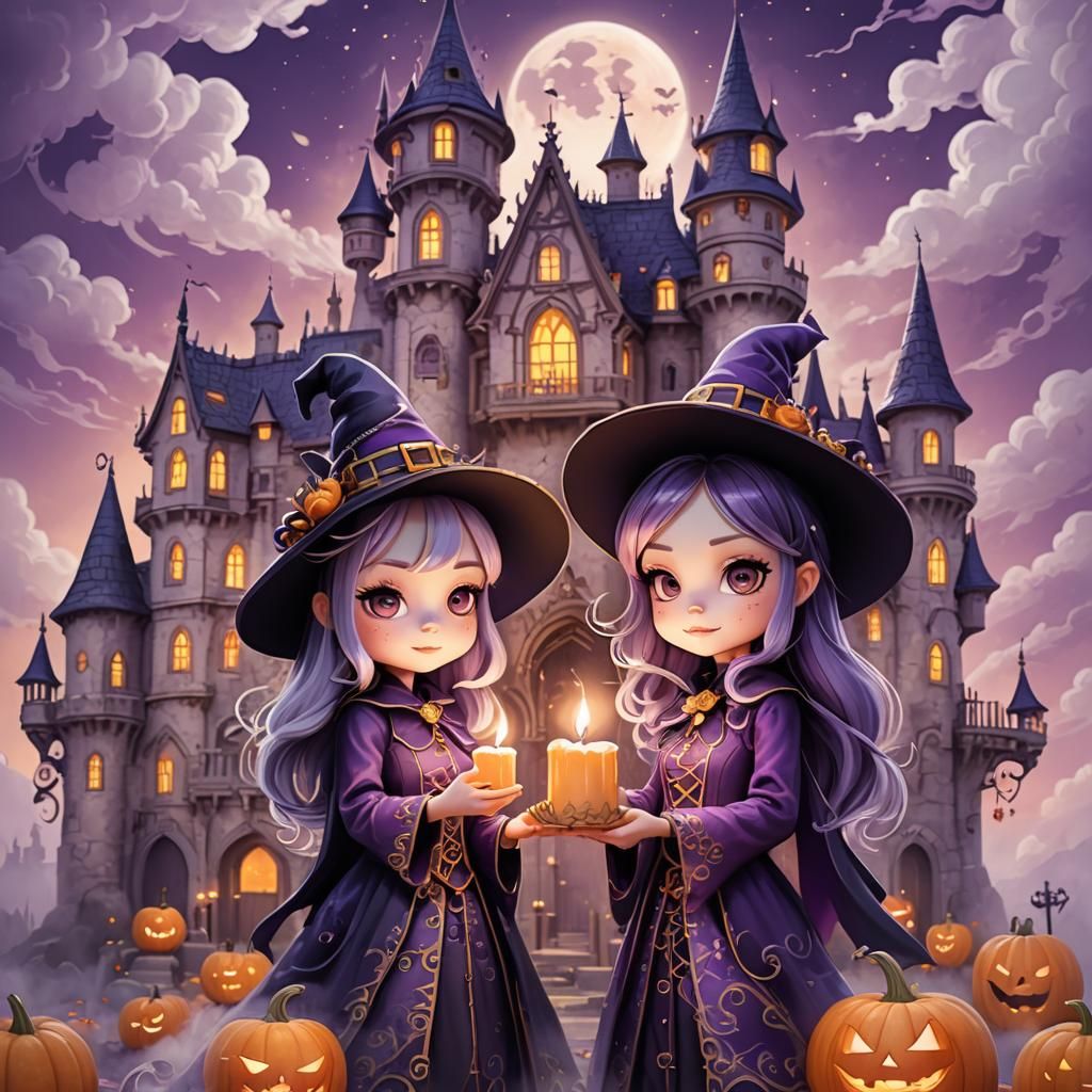 Chibi Witches at a Purple Halloween Castle