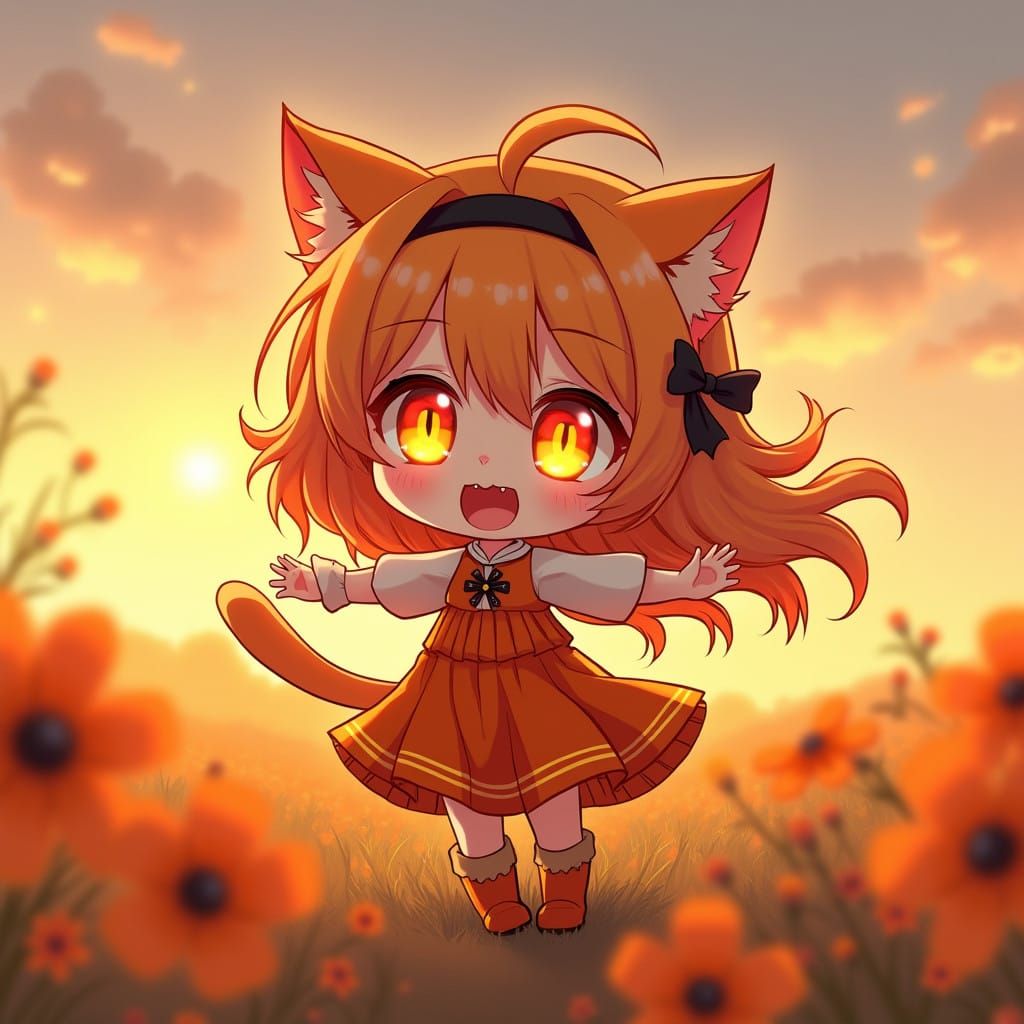 Cute Synthwave Catgirl in Vibrant Orange Evening