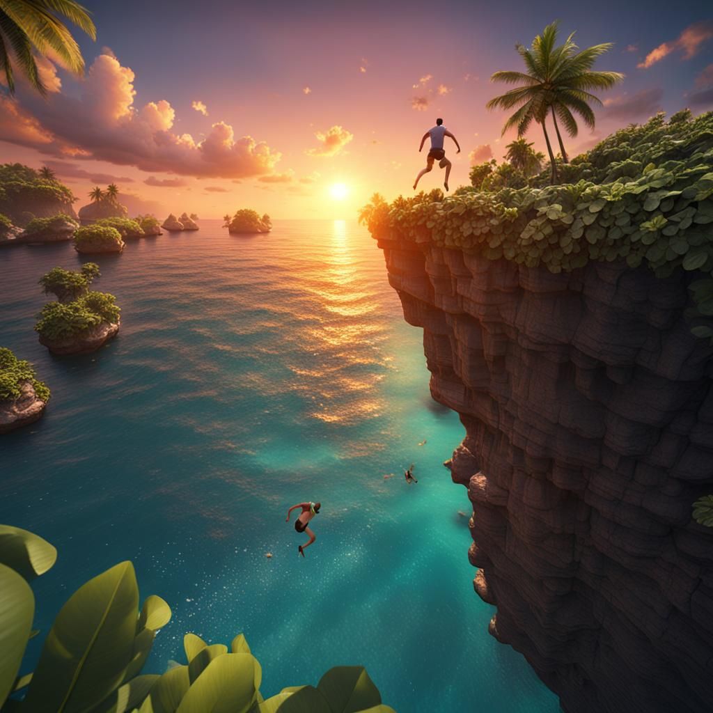 Maldives Cliff Jumping at Sunset: Detailed Matte Painting