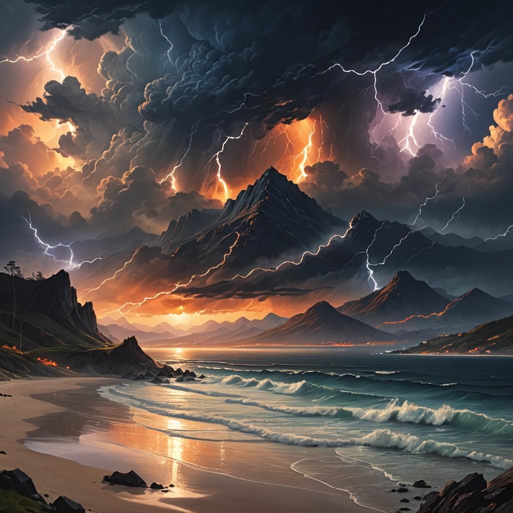 Dramatic Landscape with Lightning and Floating Mountains